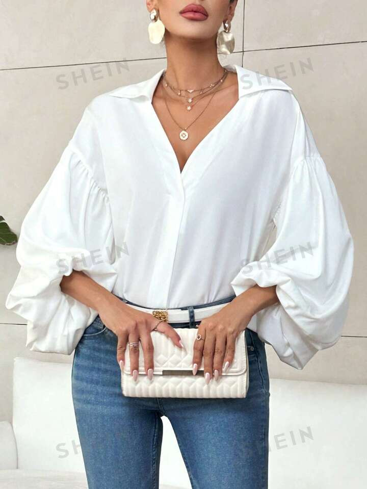 SHEIN Privé Solid Lantern Sleeve Button Front White Shirt | SHEIN
