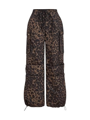 GORGLITTER Women's Leopard Parachute Pants Cheetah Print Baggy Cargo Track Pants Y2K Elastic High Waisted Trousers Brown Large | Amazon (US)