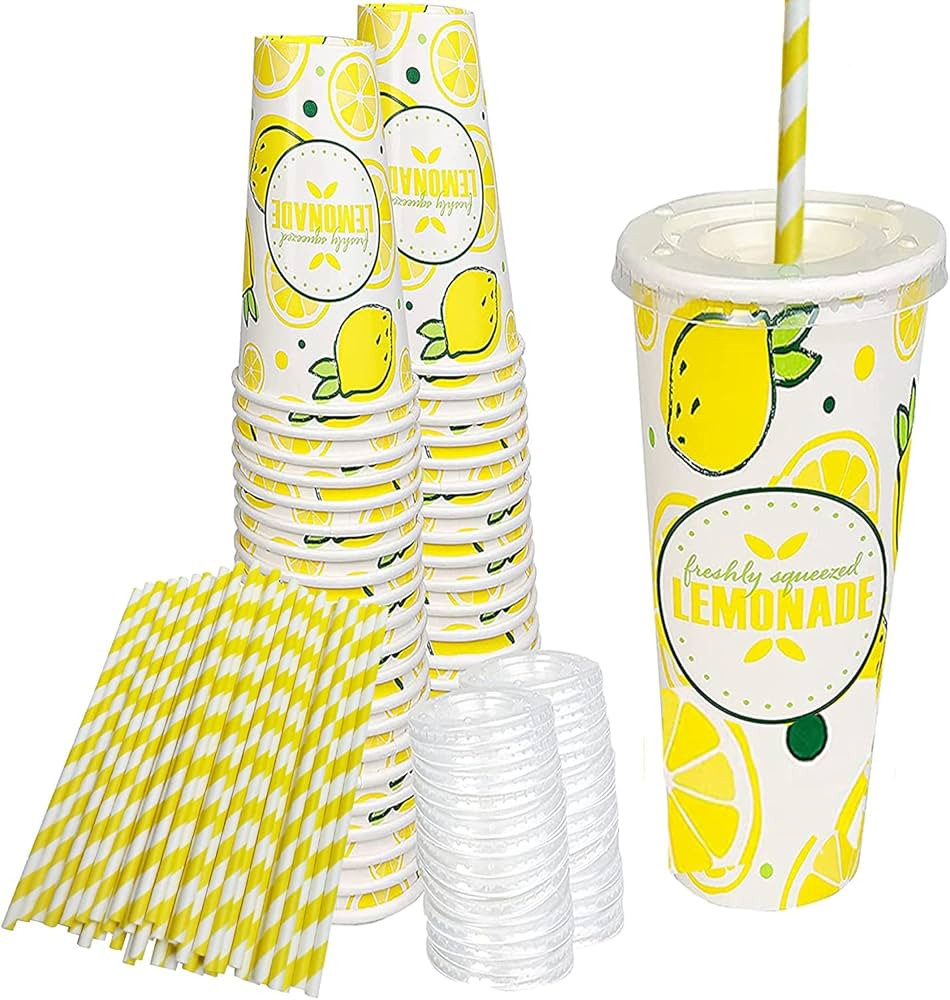 150 Pieces / 50 Sets 20 Oz Lemonade Cups with Lids and Paper Straws - Set of 50 - Lemonade Stand ... | Amazon (US)