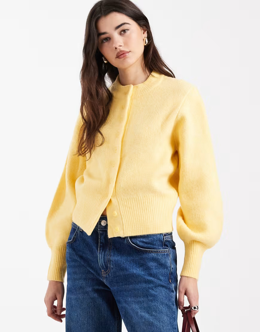 ASOS DESIGN compact fluffy cardigan with structured sleeve in buttermilk-Yellow | ASOS (Global)