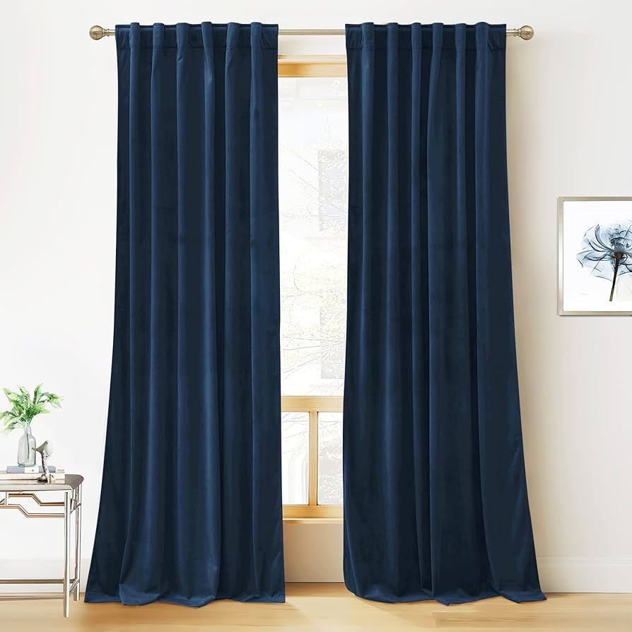 RYB HOME Blue Velvet Curtains 84 inches - Blackout Curtains for Living Room, Thermal Insulated No... | Amazon (US)