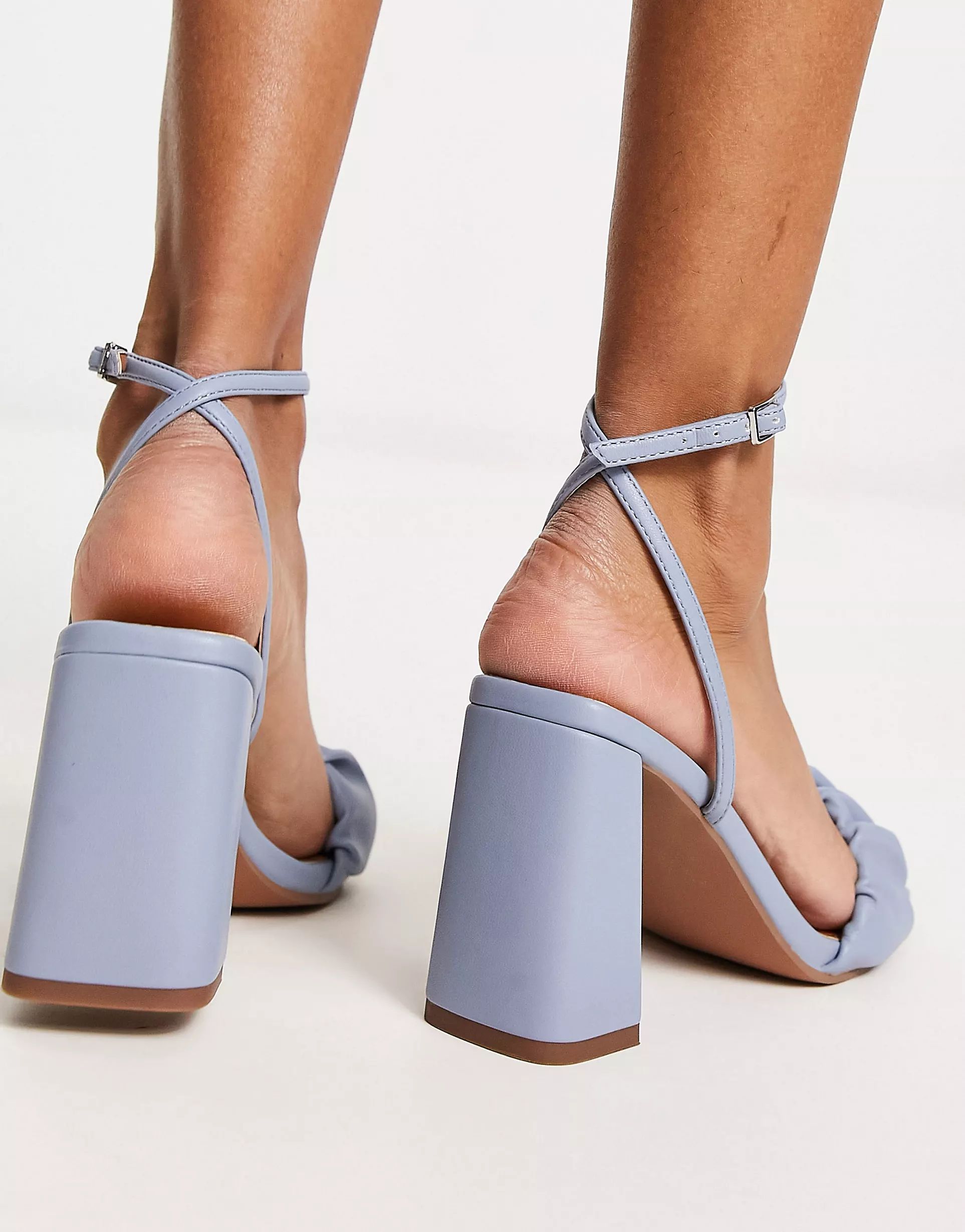 ASOS DESIGN Halo ruched detail mid heeled sandals in blue | ASOS (Global)