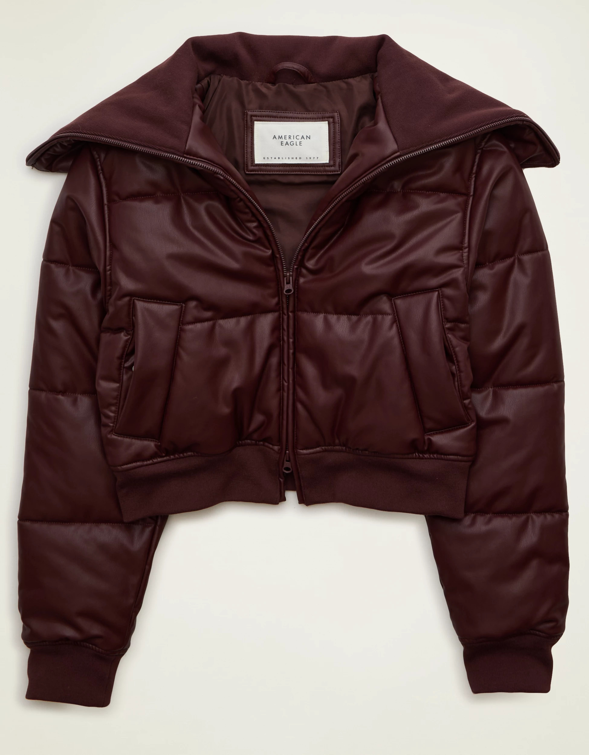 AE Vegan Leather Cropped Puffer Jacket | American Eagle Outfitters (US & CA)