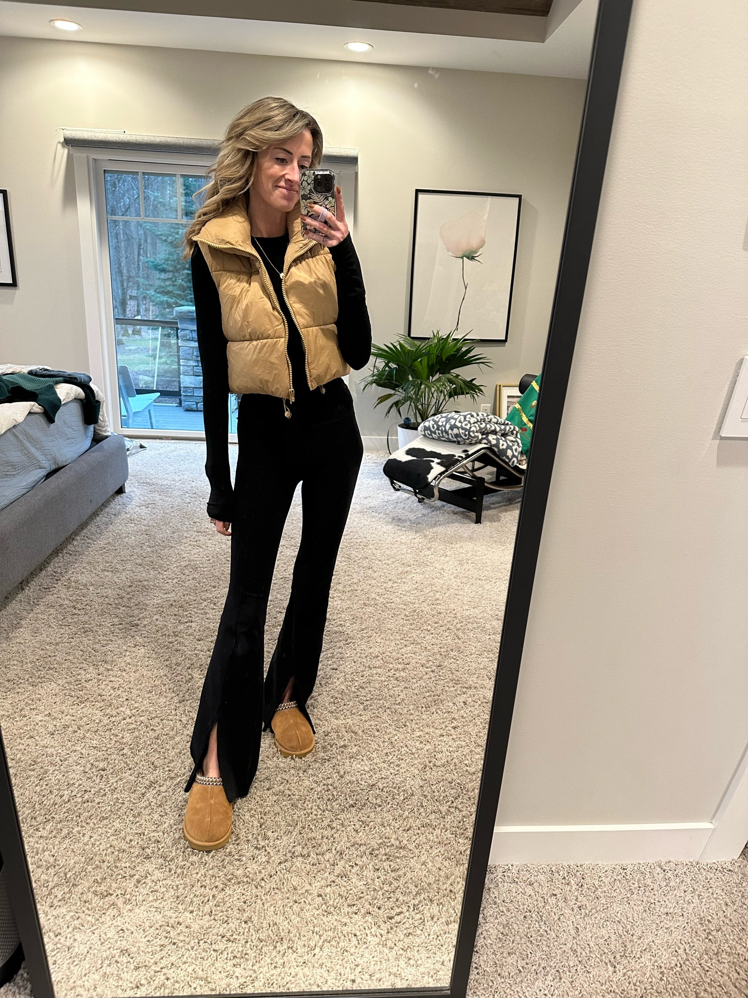 Casual weekend outfit 
Split hem flare leggings and Amazon puffer vest outfits 
Uggs