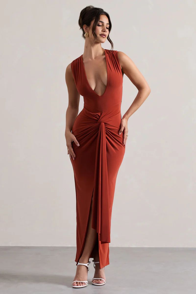 Santana | Terracotta Plunge-Neck Split Maxi Dress With Knot Detail | Club L London