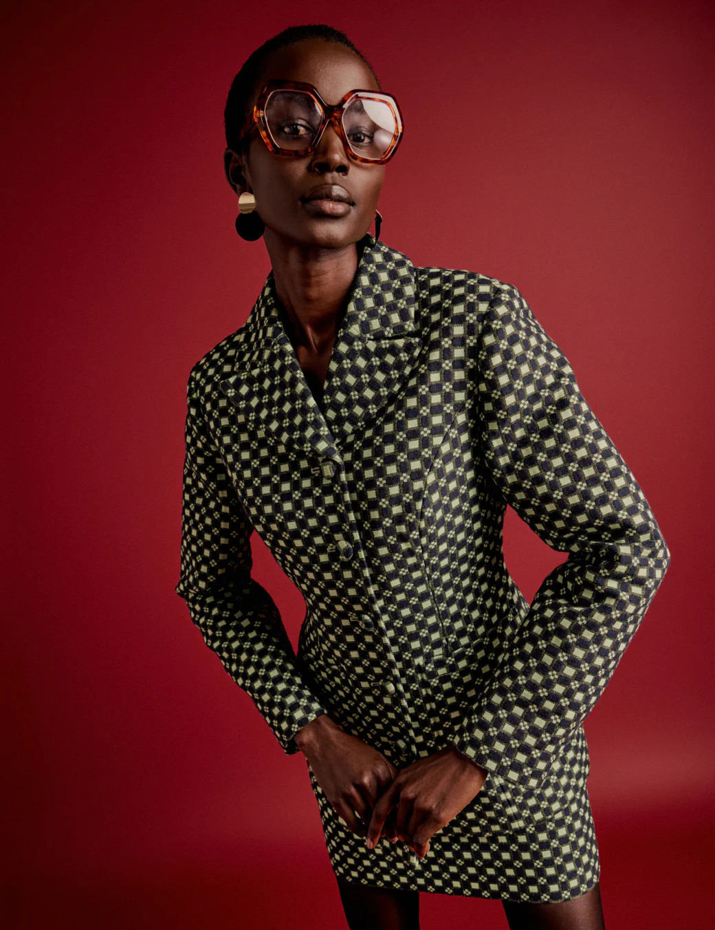 NC x Lisou Black and Lime Green Jacquard Checkerboard Fitted Blazer | Nobody's Child