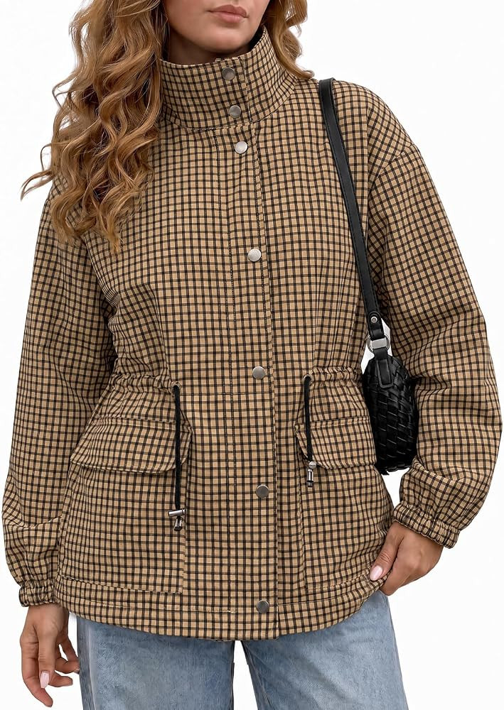 Tankaneo Womens Plaid Zip Up Jackets Casual Fall Windproof Trench Coats | Amazon (US)