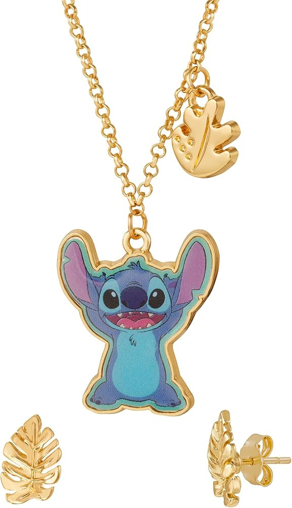 Disney Stitch Jewelry Set Official License with 16+3 Necklace and Palm Leaf Earrings, Gold Tone F... | Amazon (US)