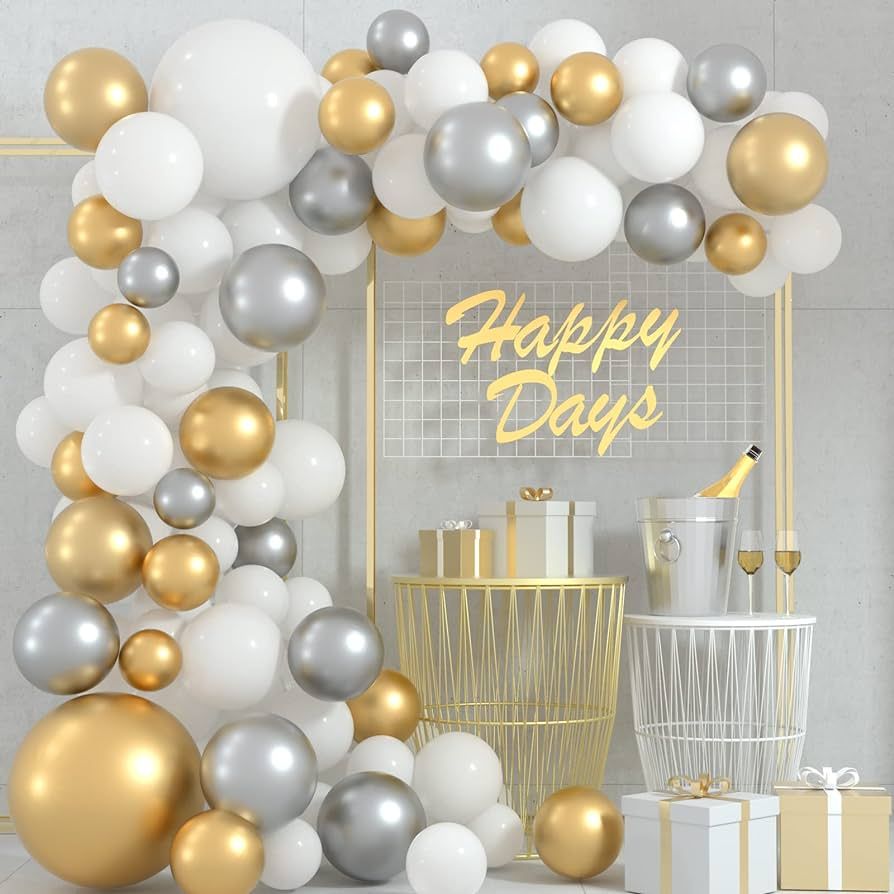 FEPITO 108 Pcs White and Gold Silver Balloon Garland Arch Kit 5 10 12 18 Inches Metallic Gold Sil... | Amazon (US)