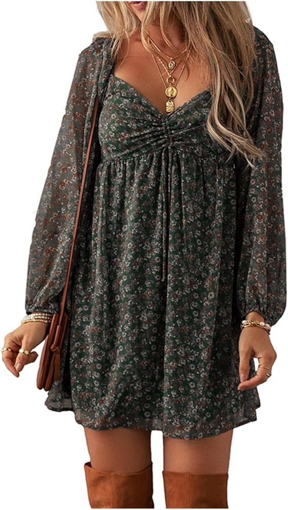 Women's Long Sleeve Casual Spring/Summer Pleated Back Pleated Floral Mini Dress - Doll Dresses Lo... | Amazon (US)