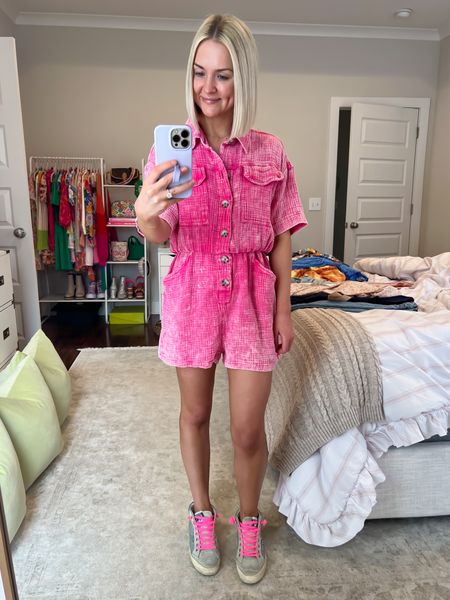 Pink romper / casual summer romper / casual outfit / summer outfit / easy summer outfit
Size: SM (I rolled the waistband and it fits petite girls perfectly)

#LTKstyletip #LTKSeasonal #LTKFind
