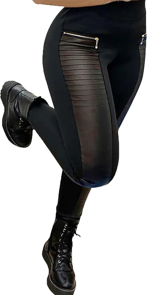 Faux Leather Leggings for Women Pleather Pant Elastic Mid Waisted Stretchy Patch Zip Tights | Amazon (US)