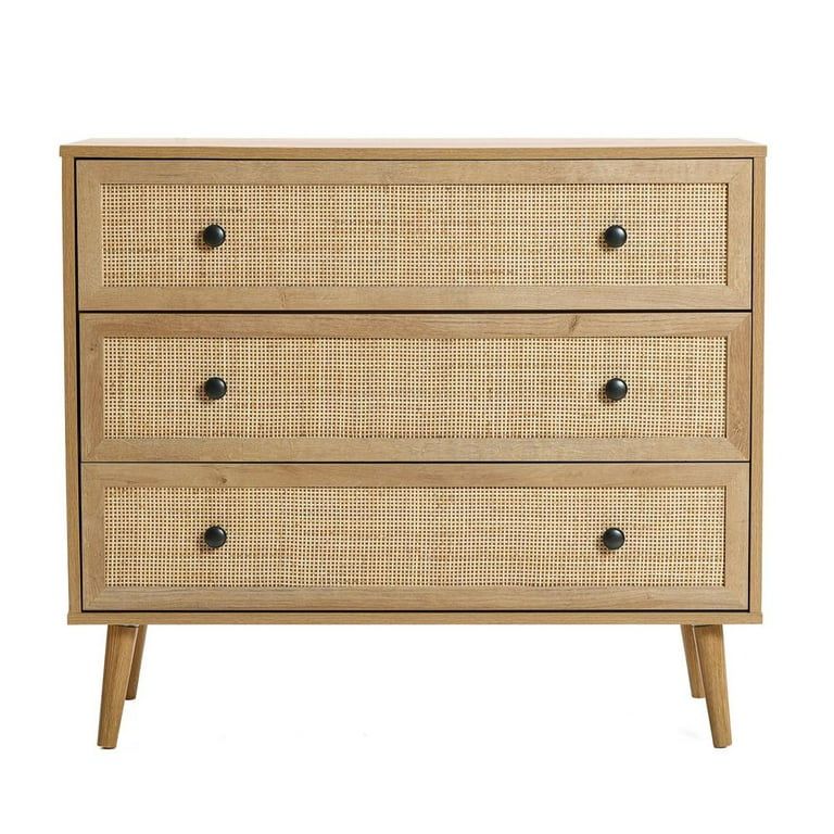 LuxenHome 35.4" Wide 3-Drawer Rattan Light Oak Finish Wood Dresser | Walmart (US)