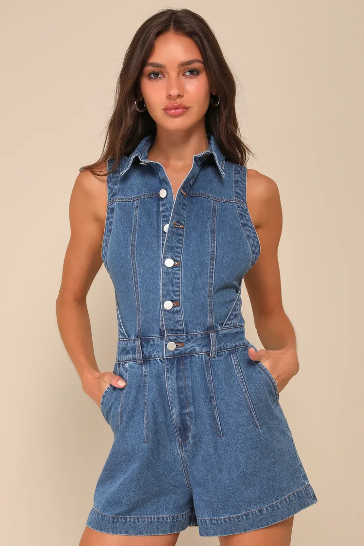 Irresistible Days Medium Wash Denim Collared Sleeveless Romper | Lulus