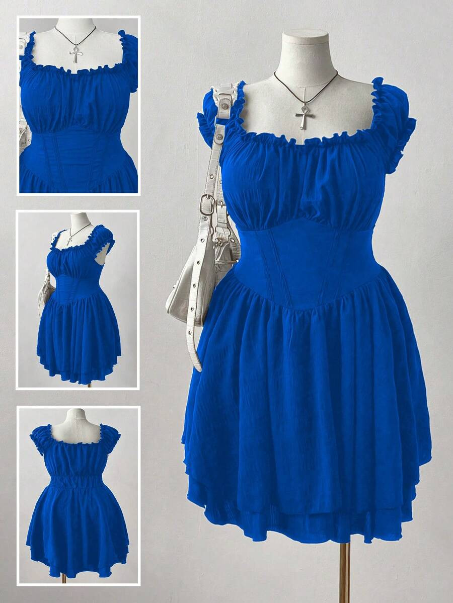 SHEIN MOOSTA Plus Size Sweetheart Collar Ruffle Hem Textured Fabric Short Sleeve Dress | SHEIN