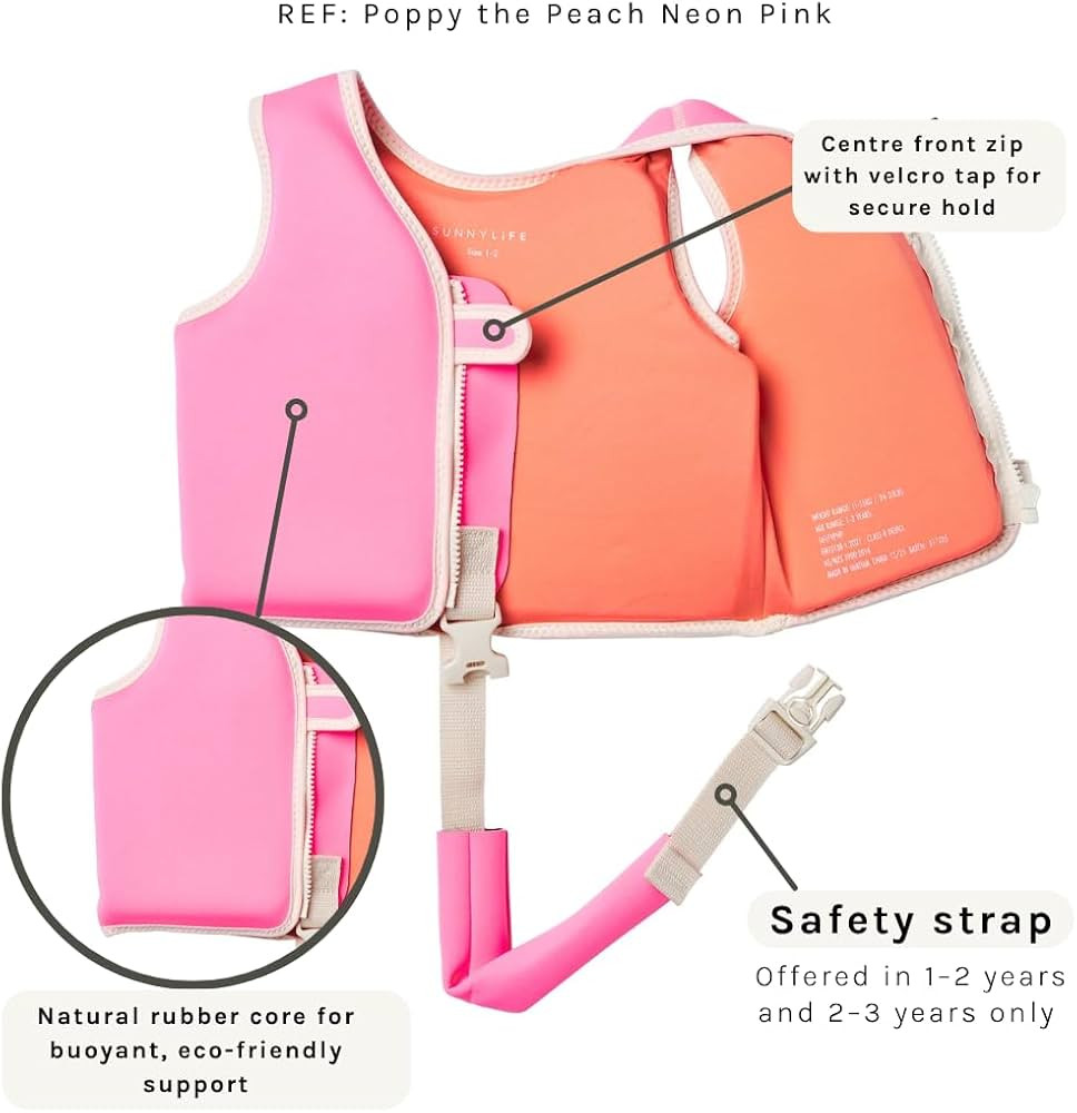 SUNNYLiFE Swim Vest, Size 1-2, Neon Pink, EPE/Natural Rubber/Polyester, 13.39 x 12.6 x 1.77 inche... | Amazon (US)