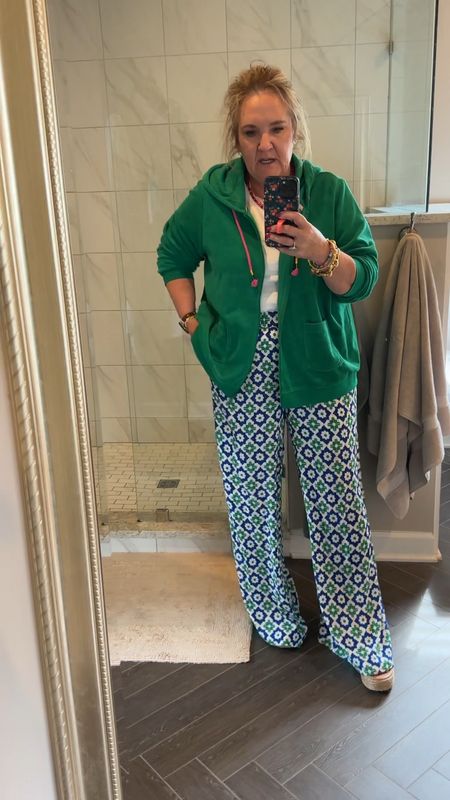 Another Boden look. This hoodie you’re going to need to go your smaller size. I’m in an XL and it’s too big. And it’s a heavier terry cloth. I love it! But not for southern nights. 

These crinkle pants are the cutest print! Wearing a 12 reg. Could use a petite! But do comfy and cute. 

Vacation look beach vacation beach pants 

#LTKmidsize #LTKSeasonal #LTKover40