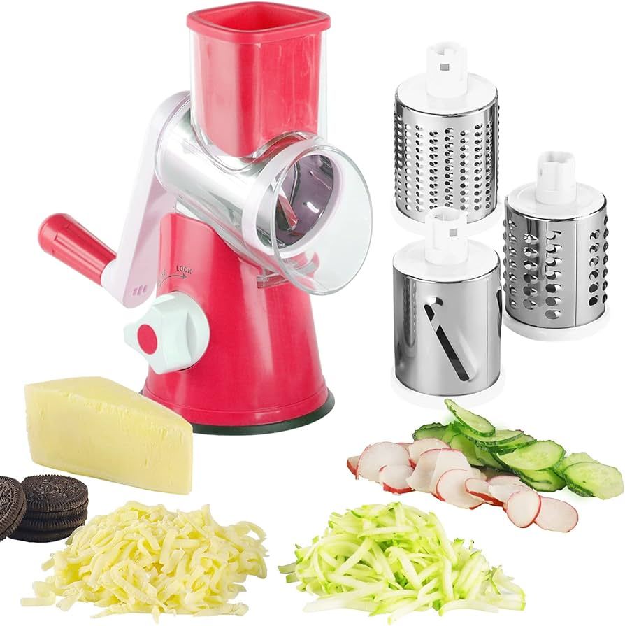 Rotary Cheese Grater - 3-in-1 Stainless Steel Manual Drum Slicer, Rotary Graters for Kitchen, Foo... | Amazon (US)