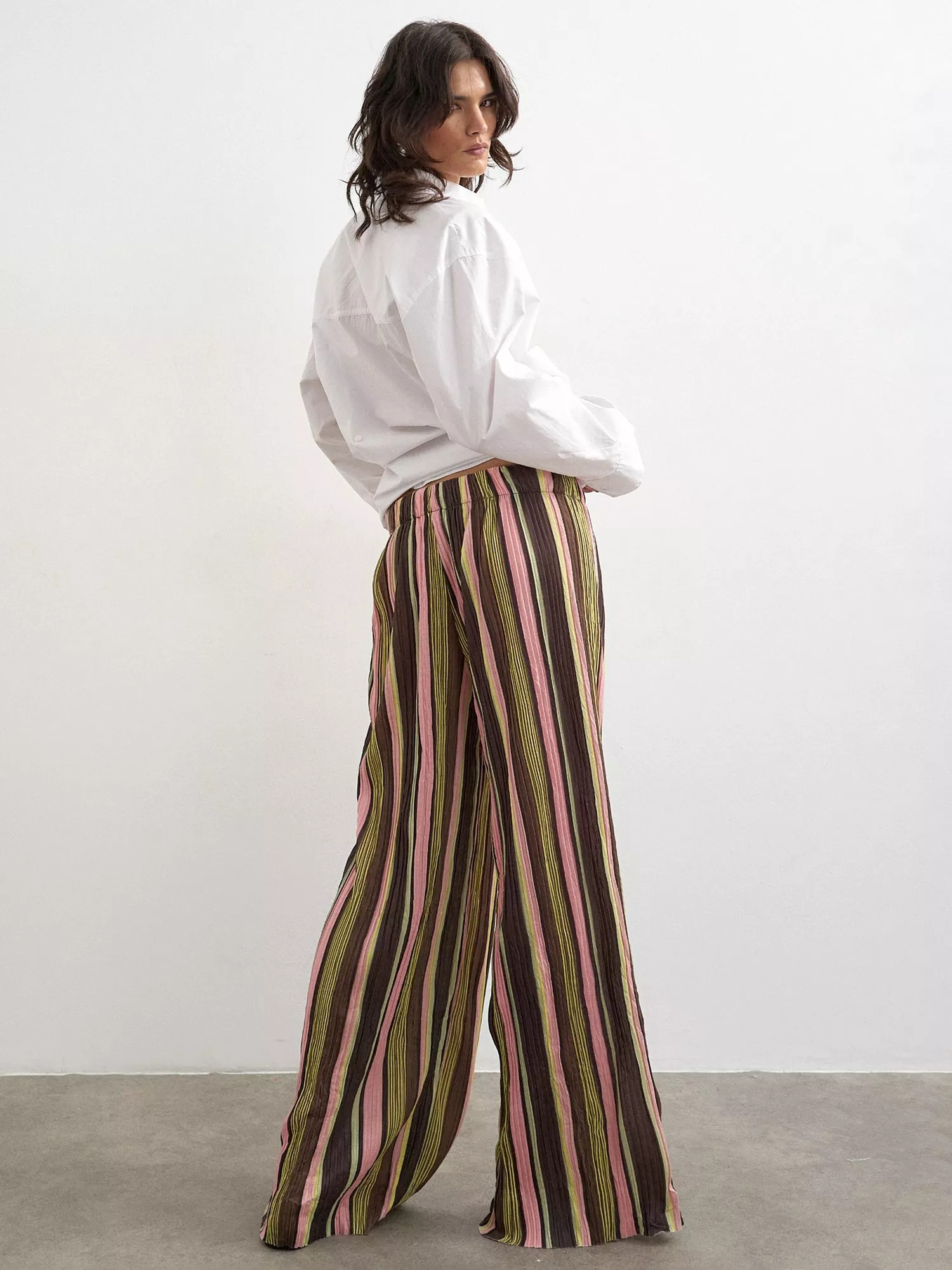 Topshop Drawstring Waist Wide Leg Striped Crinkle Trousers, Multi | John Lewis (UK)
