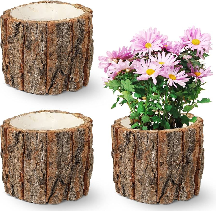 YARNOW 3 Pcs Wooden Flower Pot Bark Bucket Planter Rustic Flower Planter Plant Vase Container Flo... | Amazon (US)