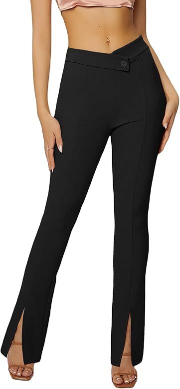 OYOANGLE Women's Elegant High Asymmetrical Waisted Split Hem Skinny Work Office Pants | Amazon (US)