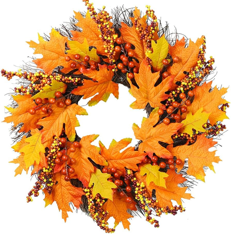 Fall Wreath Decorations, 50CM Artificial Maple Leaves Wreath Berries Pine Cones Harvest Wreath Au... | Amazon (UK)