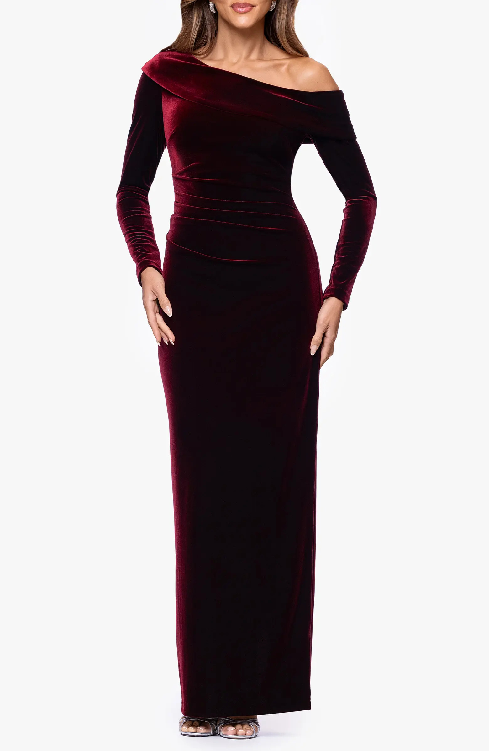 Side Ruched One-Shoulder Long Sleeve Velvet Column Gown | Nordstrom