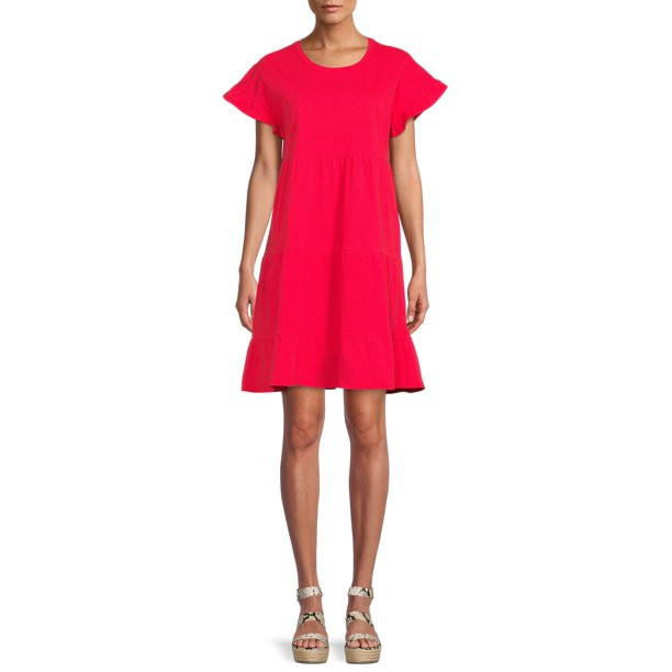 Time and Tru Women's Short Sleeve Flutter Tiered Dress | Walmart (US)