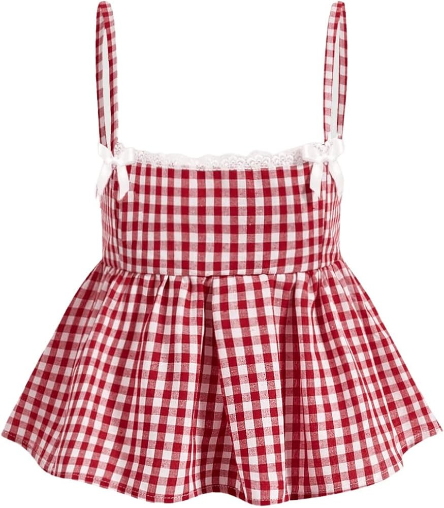 Verdusa Women's Square Neck Spaghetti Strap Plaid Print Ruffle Hem Peplum Cami Top | Amazon (US)