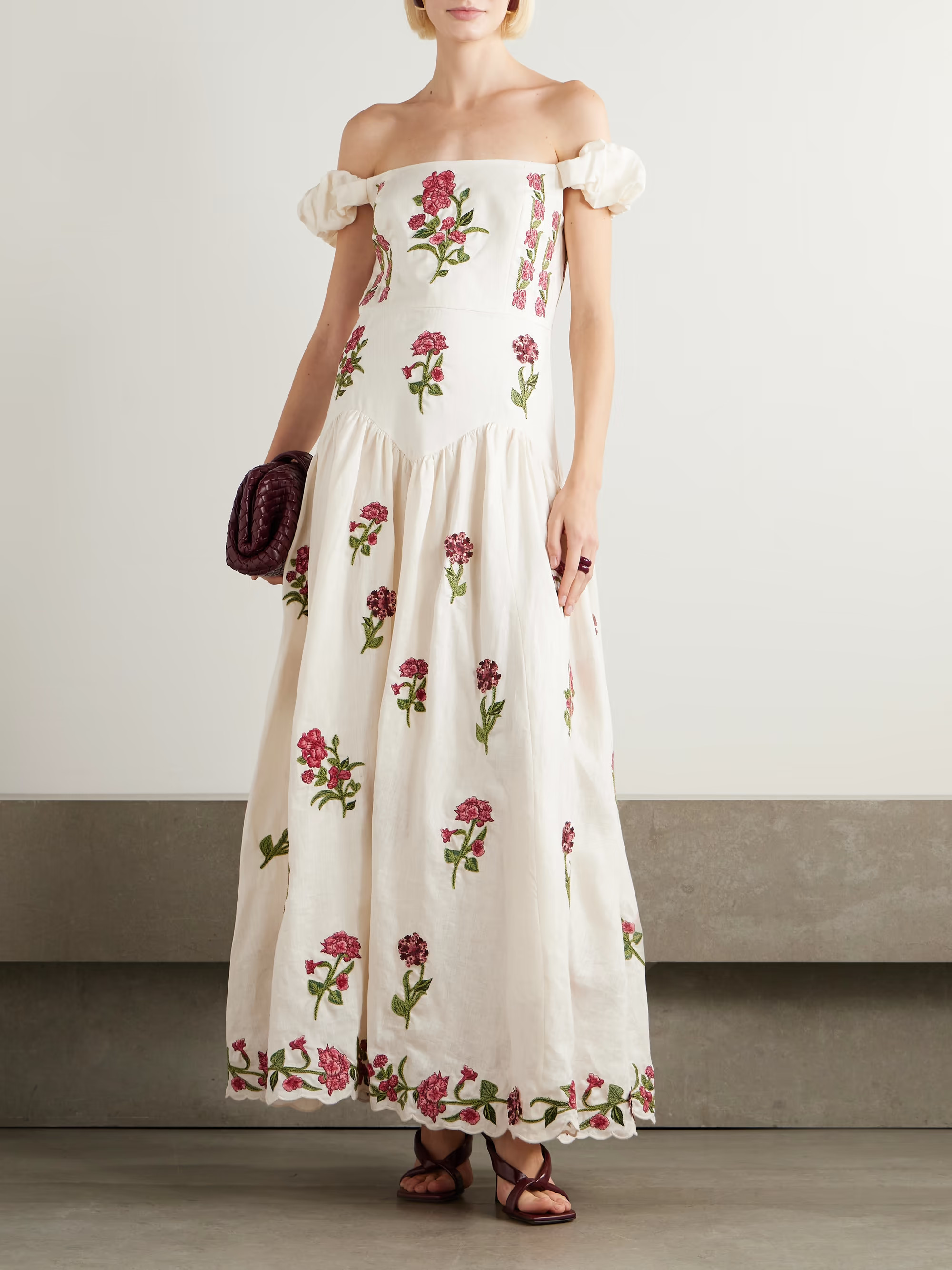 Siembra off-the-shoulder appliquéd embroidered printed linen maxi dress | NET-A-PORTER (US)