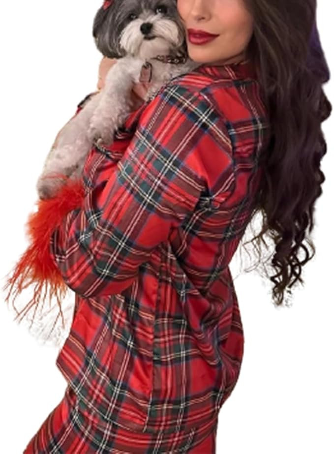 Women Feather Trim Christmas Pjs Set Buffalo Plaid Button Satin Silk Long Sleeve Top Pajamas Pant... | Amazon (US)