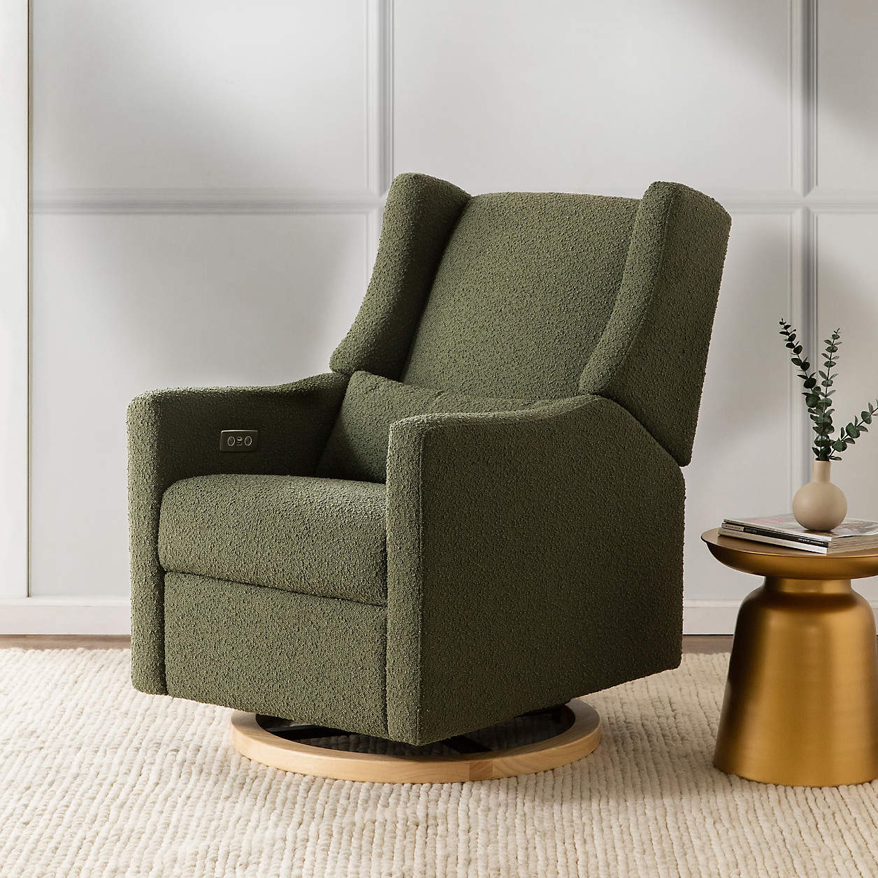 Babyletto Kiwi Olive Green Boucle Nursery Power Glider Recliner Chair with Light Wood Base + Revi... | Crate & Barrel