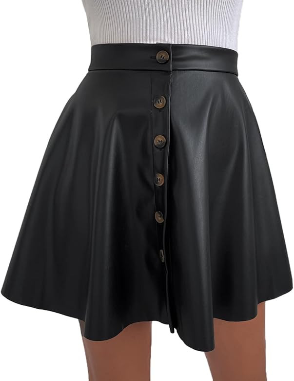RAMISU Women's Faux Leather Pleated Skirt High Waist Button Up Stretchy Flared Casual Mini Skater... | Amazon (US)