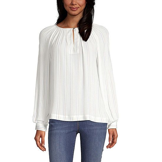 a.n.a Womens Keyhole Neck Long Sleeve Peasant Top | JCPenney