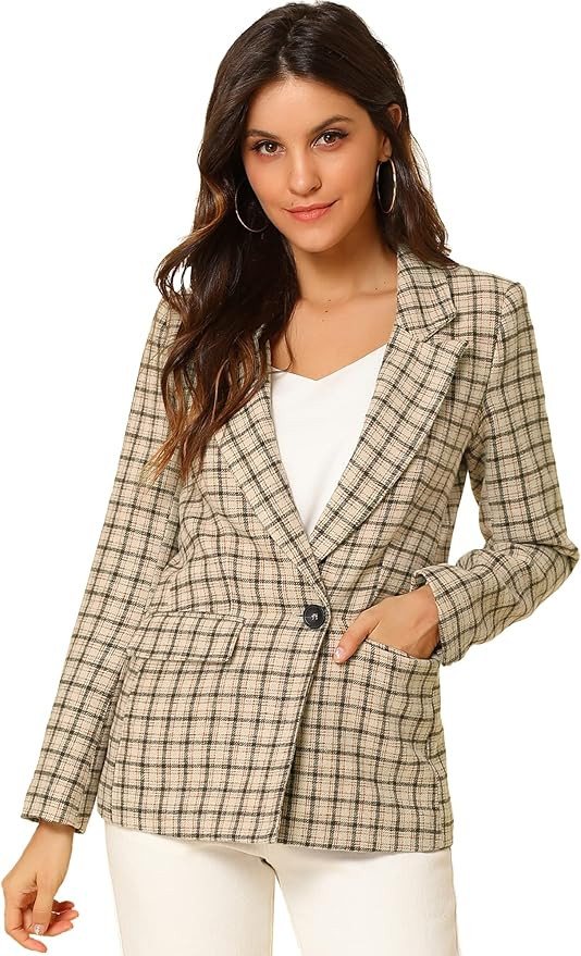 Allegra K Women's Notched Lapel One Button Boyfriend Blazer Suit Plaid Blazer Jacket | Amazon (US)