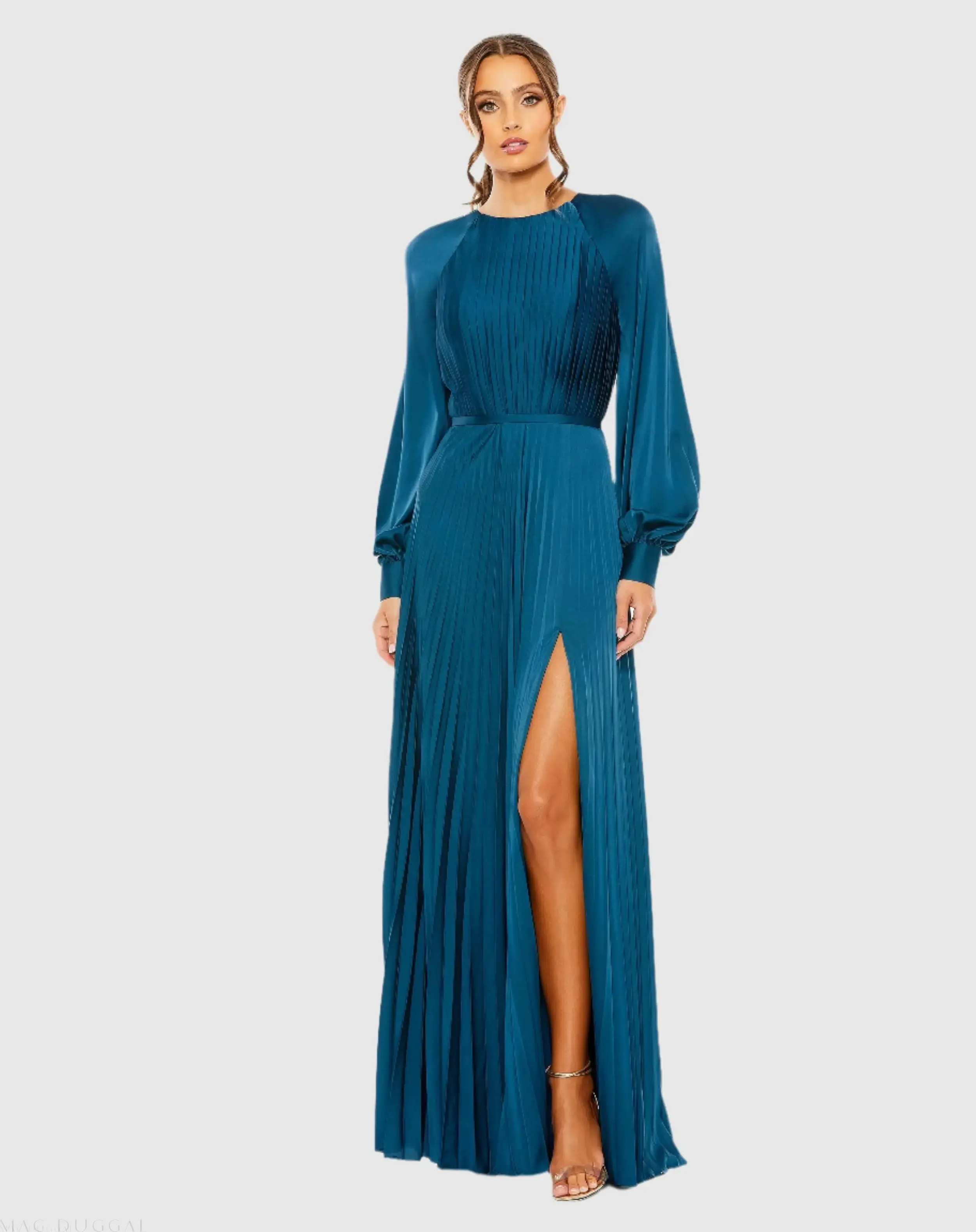 Blue Pleated High Neck Long Sleeve Gown with Slit | Mac Duggal | Mac Duggal