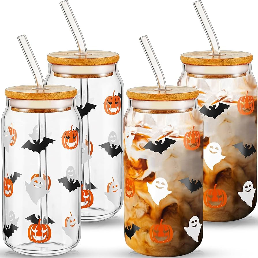 4 Pack Halloween Glass Cups 16 oz Halloween Iced Coffee Cups Ghost Pumpkin Bat Mugs with Bamboo L... | Amazon (US)