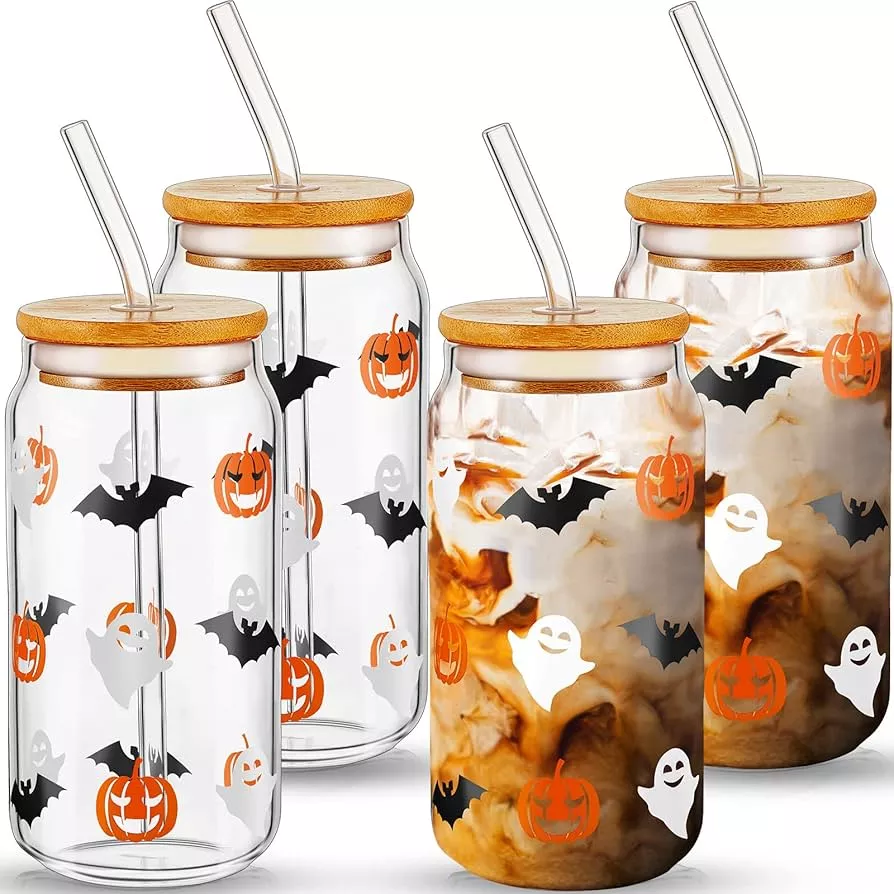 Ice Coffee Cup With Bamboo Lids And Glass Straw, Ghost Pumpkin Bat