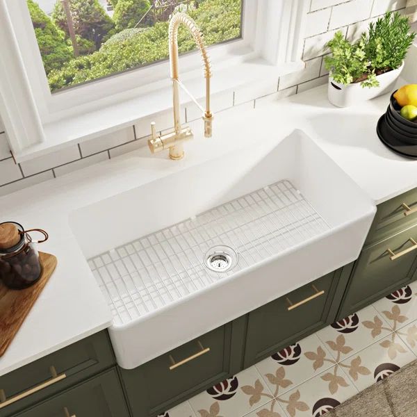 Grove Fireclay Rectangular Single Bowl Farmhouse Apron Kitchen Sink with Grid and Strainer | Wayfair North America