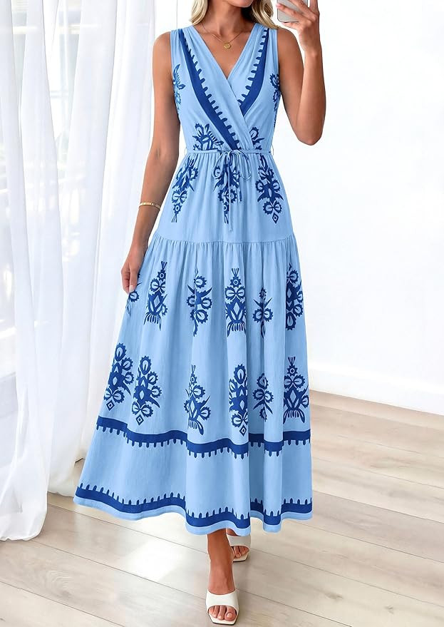 PRETTYGARDEN Womens Floral Maxi Dress 2026 Sleeveless Vneck Belt Ruffle Long Dresses Boho Summer ... | Amazon (US)