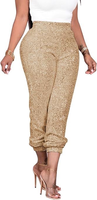 nqgsntc Women Casual Sequin Sparkle Glitter High Waist Pencil Pants Trousers Clubwear | Amazon (US)