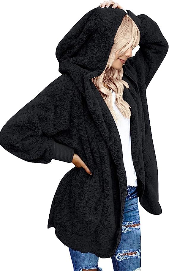luvamia Women Fuzzy Fleece Open Front Pocket Hooded Cardigan Jacket Coat Outwear | Amazon (US)