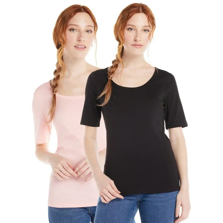 Time and Tru Women's Ribbed Cotton T-Shirt with Elbow Sleeves, 2-Pack | Walmart (US)