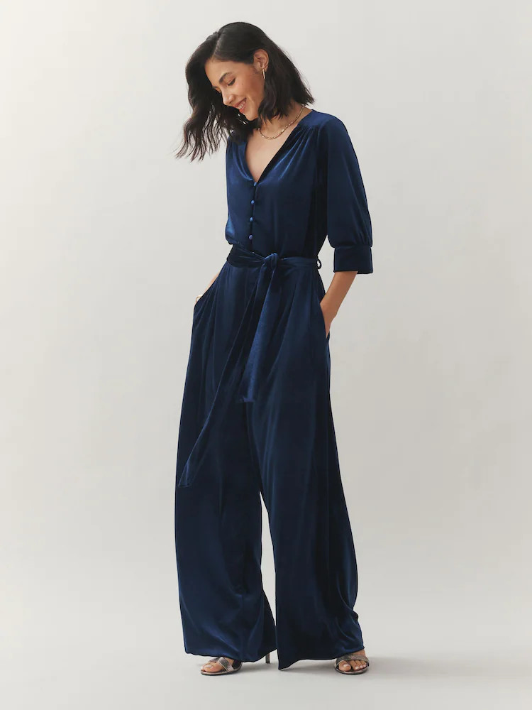 Buy Laura Ashley Navy Velvet Elasticated Waist Wide Leg Party Jumpsuit from Next Ireland | Next EU