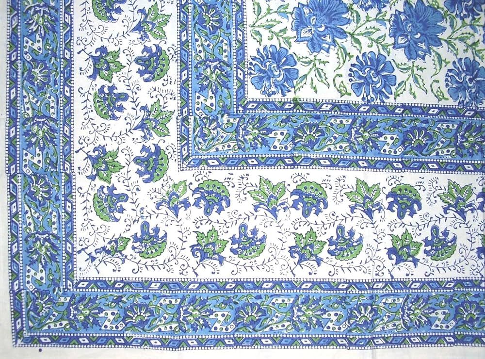 HOMESTEAD Lotus Flower Block Print Floral Cotton Tablecloth 90" x 60" Blue | Amazon (US)