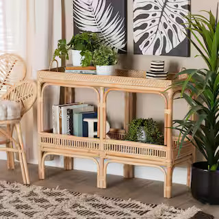 Lombok 39.25 in. Natural Rattan Rectangle Wicker Top Console Table | The Home Depot