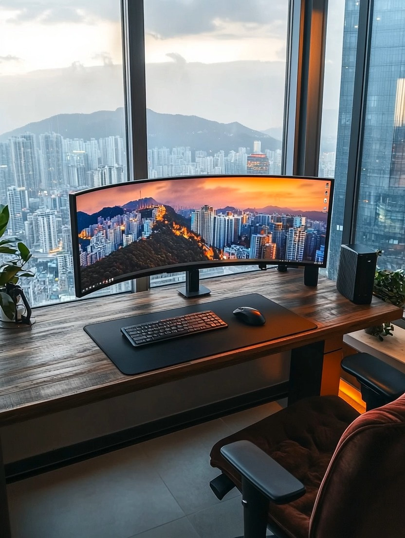 Design a home office that feels intentional, elegant, and seamlessly integrated into your living space. This setup pairs an ultra-wide monitor with a warm wooden desk to create a highly productive yet visually refined workstation that doubles as home decor. A long desk mat keeps the surface clean and cohesive, while the sculptural velvet office chair adds softness, comfort, and modern glamour—proving that workspaces don’t have to feel clinical. Positioned near large windows, the office benefits from natural light by day and layered ambient lighting by night, making it ideal for focused work, creative projects, or long screen hours. With rich textures, clean lines, and thoughtful materials, this modern home office becomes a statement space that reflects elevated living, not just a place where you work.
#homeoffice #modernworkspace #quietluxury 

 #LTKHome