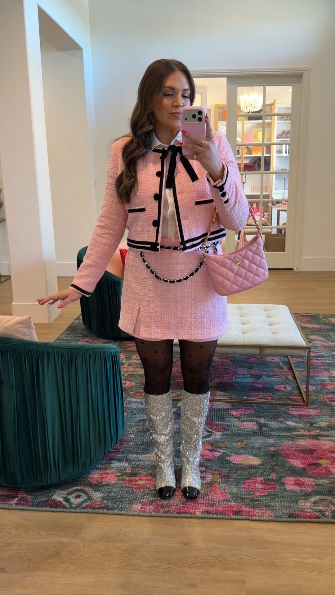 curvy midsize pink tweed look! wearing size large in white embellished button down, size large in pink tweed cropped jacket, and size 12 in pink tweed skort (could have taken the 10). silver sparkle boots are old from Chanel 🪩 

#LTKSeasonal #LTKMidsize