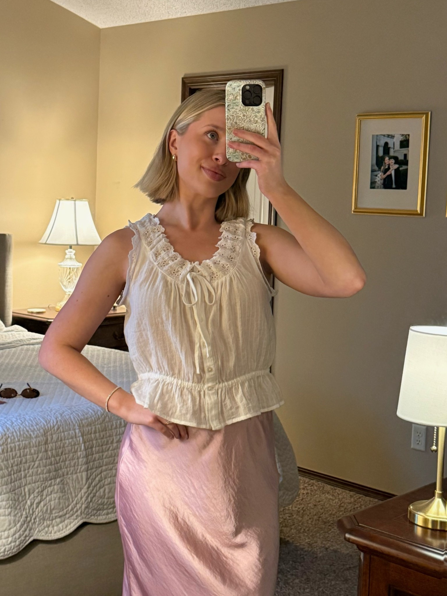 Wearing a size S in my Gap white eyelet top (Also comes in blue/white stripes & blue/white plaid!)
My tennis bracelet from Revolve is on sale rn!
Baublebar earrings 
Abercrombie satin maxi skirt (I’m 5’7” wearing a size S, but I wish I would’ve sized down)

#LTKdayinmylife #LTKootd #LTKSaleAlert