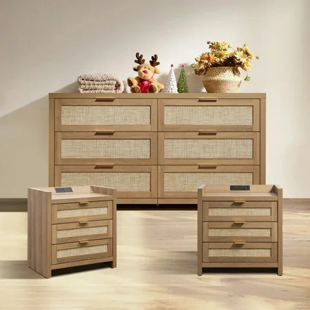 SICOTAS Rattan 6-Drawer Dresser & 3-Drawer Charging Nightstands Set - Capacious Storage, 3 Pieces Multi-Functional Furniture Set for Bedroom & Living Room, Natural Oak | Walmart (US)